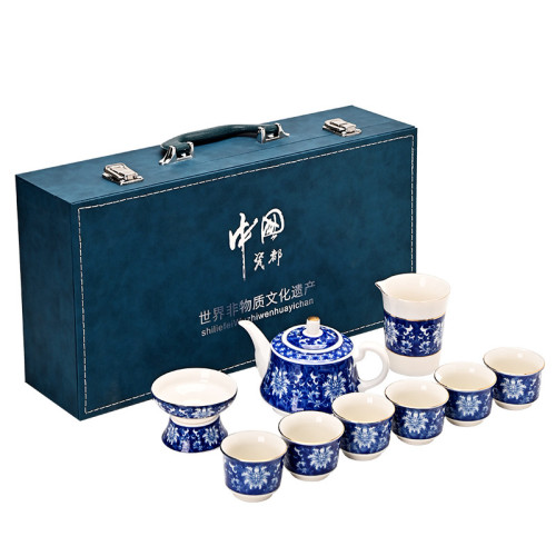 功夫茶具家用陶瓷整套復古套裝青花蓋碗高檔上檔次禮盒禮品伴手禮