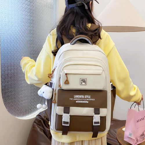 五件套學生書包女撞色通勤高中生後背包韓版耐用大容量校園雙肩包男