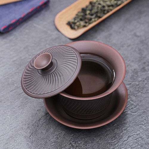 紫砂跳刀三才蓋碗陶瓷茶具茶碗家用單個懸停蓋碗紫陶大號泡茶器