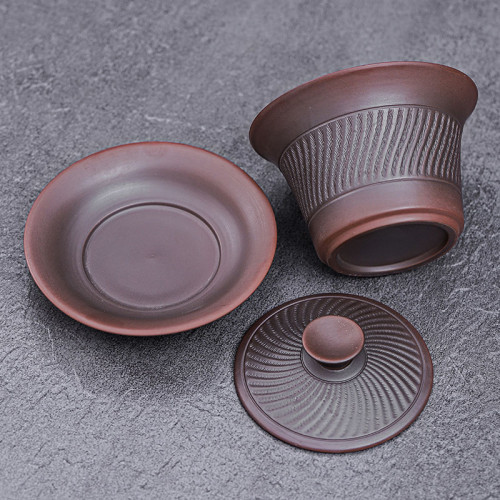 紫砂跳刀三才蓋碗陶瓷茶具茶碗家用單個懸停蓋碗紫陶大號泡茶器