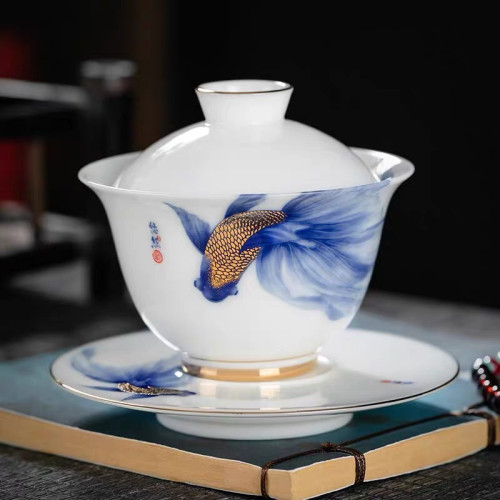 黃旭東悠然自得三才蓋碗高級羊脂玉白瓷蓋碗套裝薄胎功夫茶具茶碗