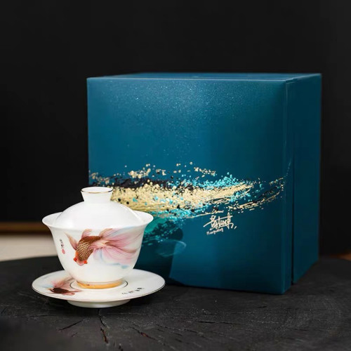黃旭東悠然自得三才蓋碗高級羊脂玉白瓷蓋碗套裝薄胎功夫茶具茶碗