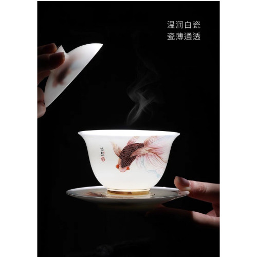 黃旭東悠然自得三才蓋碗高級羊脂玉白瓷蓋碗套裝薄胎功夫茶具茶碗