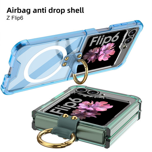 適用三星Flip6手機殼透明氣囊無線充指環flip6純色折曡手機保護套