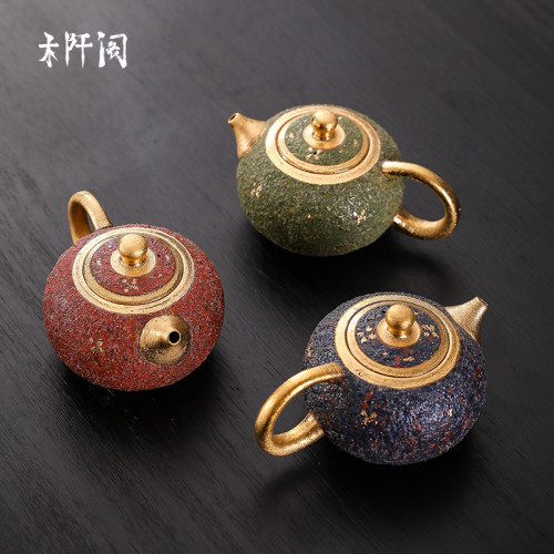 素緣巖礦茶壺全手工陶瓷泡茶壺描金鎏金一人壺復古功夫茶具高級