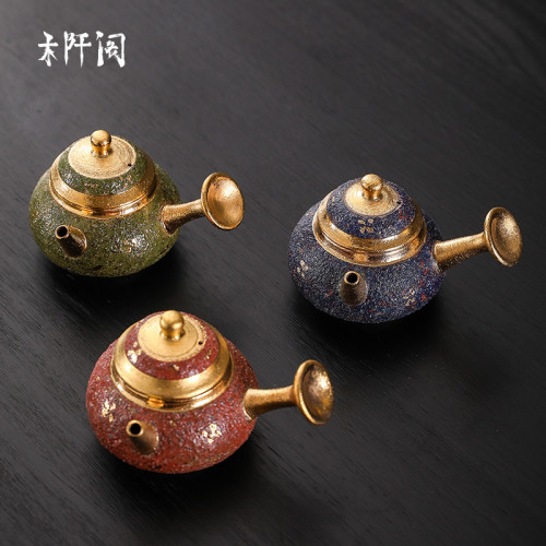 素緣巖礦茶壺全手工陶瓷泡茶壺描金鎏金一人壺復古功夫茶具高級