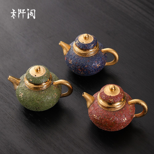 素緣巖礦茶壺全手工陶瓷泡茶壺描金鎏金一人壺復古功夫茶具高級