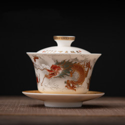高檔羊脂玉瓷龍鳳三才蓋碗茶杯薄胎功夫泡茶碗帶蓋大號手抓壺