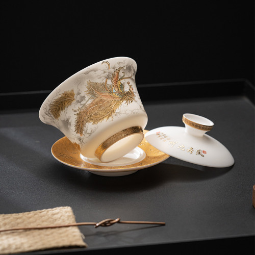高檔羊脂玉瓷龍鳳三才蓋碗茶杯薄胎功夫泡茶碗帶蓋大號手抓壺