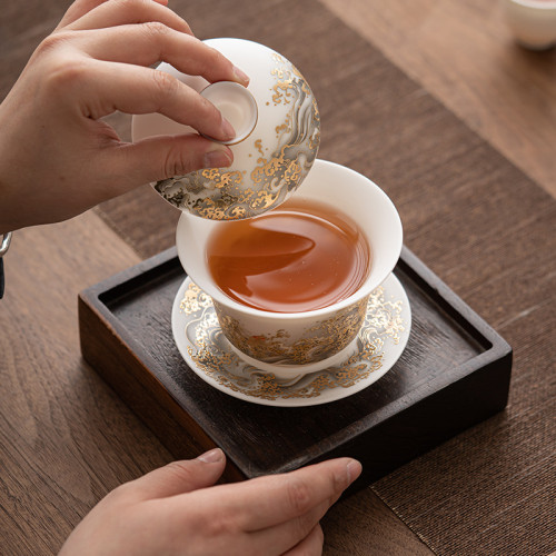 高檔羊脂玉瓷龍鳳三才蓋碗茶杯薄胎功夫泡茶碗帶蓋大號手抓壺