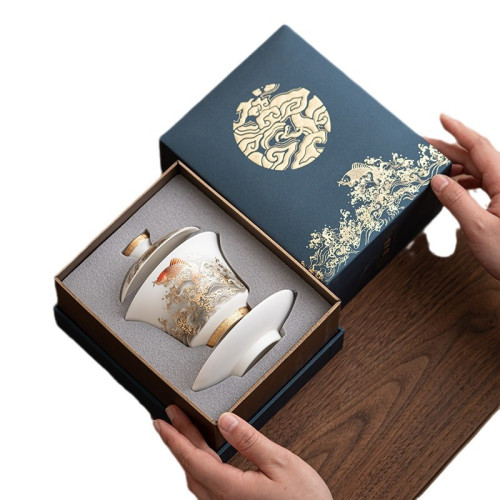 高檔羊脂玉瓷龍鳳三才蓋碗茶杯薄胎功夫泡茶碗帶蓋大號手抓壺