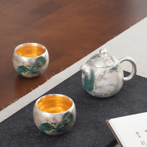周鴻傑銀上作畫青龍鎏銀一壺兩杯禮盒裝家用高檔功夫茶具套裝