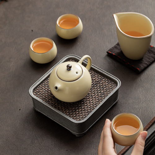 米黃汝窰茶壺泡茶單壺陶瓷茶具茶杯家用喝茶西施壺套裝汝瓷泡茶壺