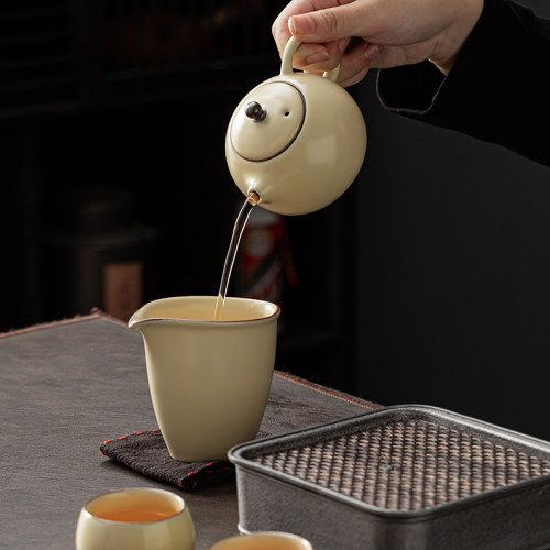 米黃汝窰茶壺泡茶單壺陶瓷茶具茶杯家用喝茶西施壺套裝汝瓷泡茶壺