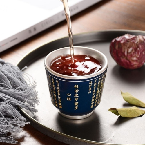 鎏銀茶杯999純銀陶瓷功夫茶具霽藍霽紅銀杯心經大悲咒百福主人杯