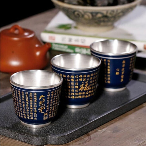 鎏銀茶杯999純銀陶瓷功夫茶具霽藍霽紅銀杯心經大悲咒百福主人杯