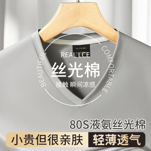 夏季新款男士V液氨絲光棉短袖T恤修身半袖透氣涼感上衣潮寬松