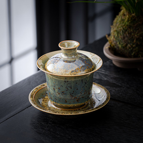 坐山堂紫玉金尊三才蓋碗結晶釉茶葉沫釉蓋碗茶具功夫茶具