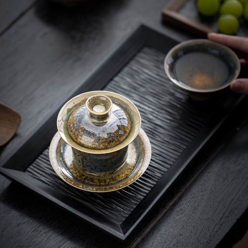 坐山堂紫玉金尊三才蓋碗結晶釉茶葉沫釉蓋碗茶具功夫茶具