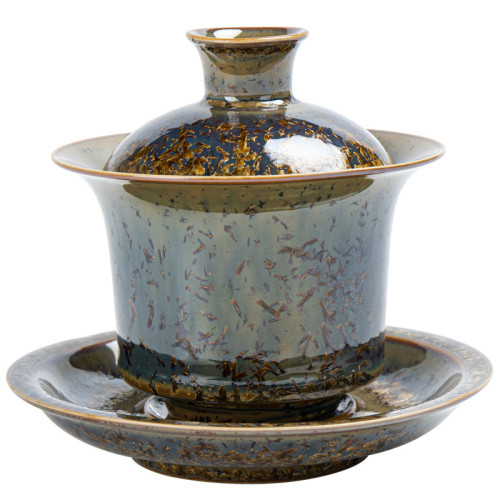 坐山堂紫玉金尊三才蓋碗結晶釉茶葉沫釉蓋碗茶具功夫茶具