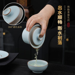 360度出水大號汝窰三才蓋碗防燙汝瓷自帶過濾簡約陶瓷天青手抓壺