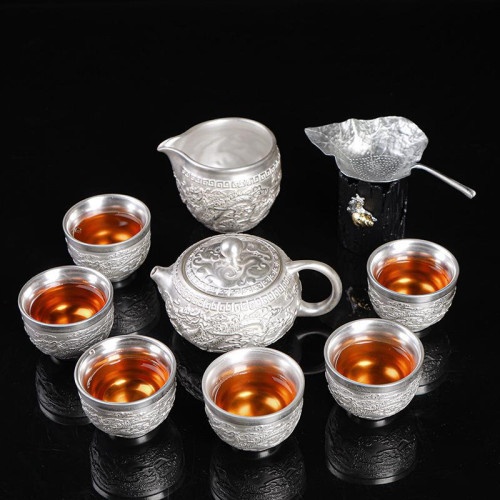 999鎏純銀功夫茶具套裝 百福陶瓷茶壺蓋茶杯銀茶具高檔商務伴手禮