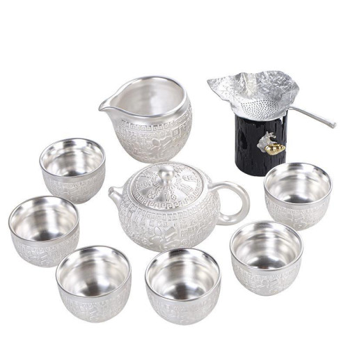 999鎏純銀功夫茶具套裝 百福陶瓷茶壺蓋茶杯銀茶具高檔商務伴手禮