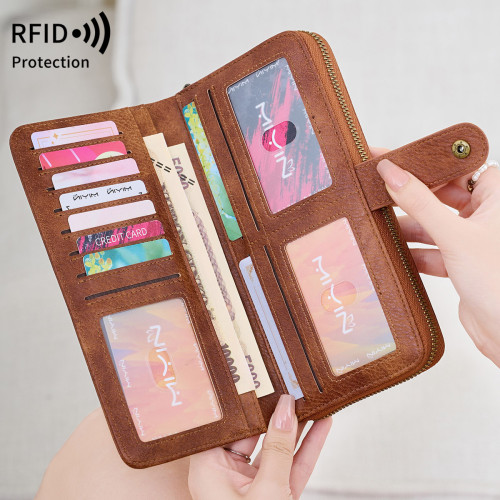RFID多功能女士錢包復古油蠟皮長錢包時尚簡約大容量卡包