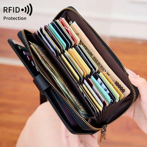 RFID多功能女士錢包復古油蠟皮長錢包時尚簡約大容量卡包