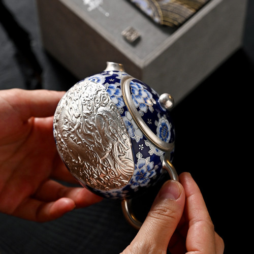 何賦森純銀壺龍鳳西施壺手工浮雕青花茶壺鎏銀功夫茶具家用泡茶壺
