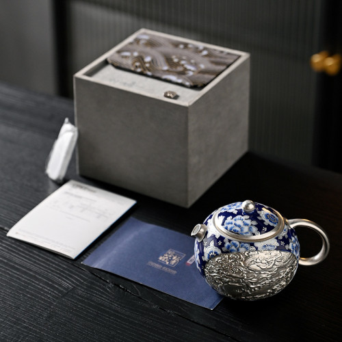 何賦森純銀壺龍鳳西施壺手工浮雕青花茶壺鎏銀功夫茶具家用泡茶壺