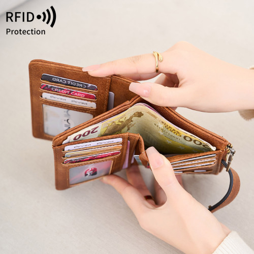 新款RFID防盜刷女士短錢包韓版三折可攜式手拿包簡約純色錢夾