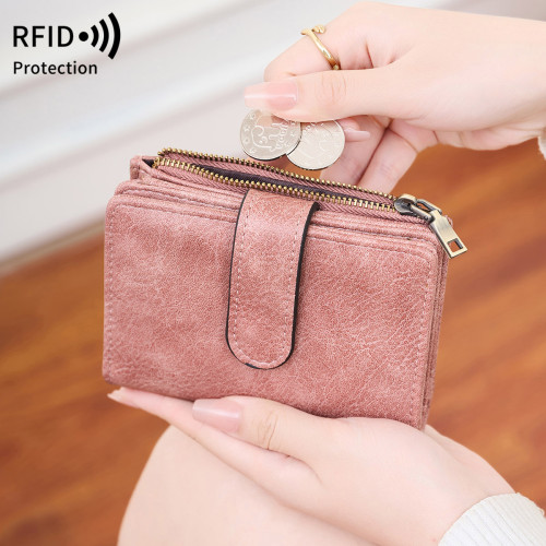 新款RFID防盜刷女士短錢包韓版三折可攜式手拿包簡約純色錢夾