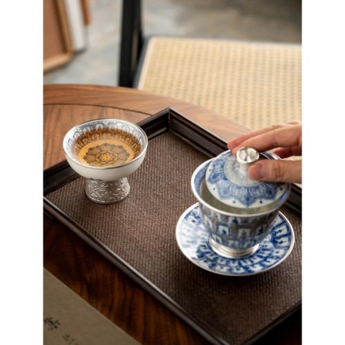 何賦森純銀茶壺敦煌石窟萬彿青花泡茶壺手工鎏銀浮雕三才蓋碗茶杯