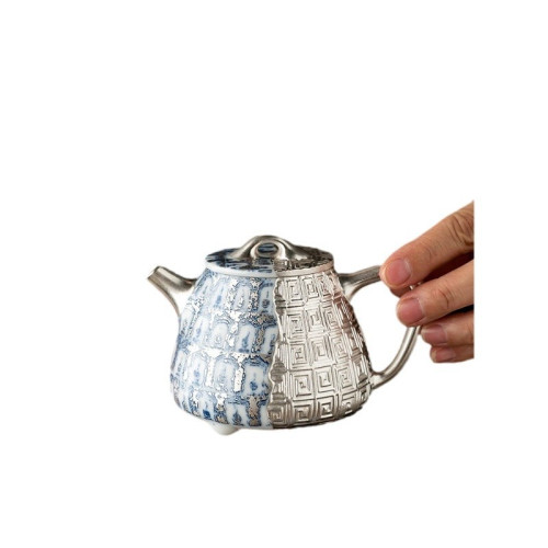何賦森純銀茶壺敦煌石窟萬彿青花泡茶壺手工鎏銀浮雕三才蓋碗茶杯