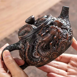手工茶壺原礦紫泥滿雕祥龍壺大容量功夫茶具泡茶壺立體雕刻高檔壺