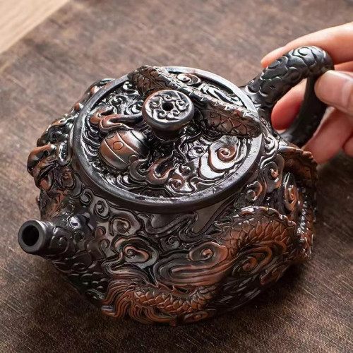 手工茶壺原礦紫泥滿雕祥龍壺大容量功夫茶具泡茶壺立體雕刻高檔壺