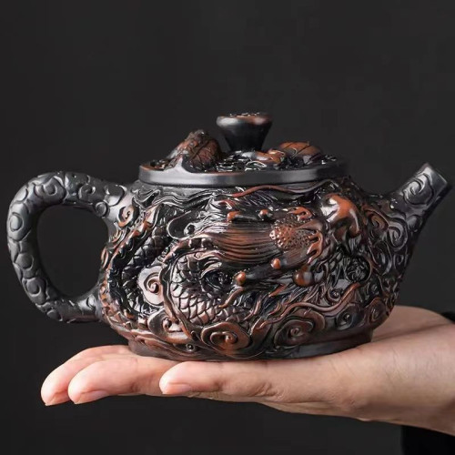 手工茶壺原礦紫泥滿雕祥龍壺大容量功夫茶具泡茶壺立體雕刻高檔壺