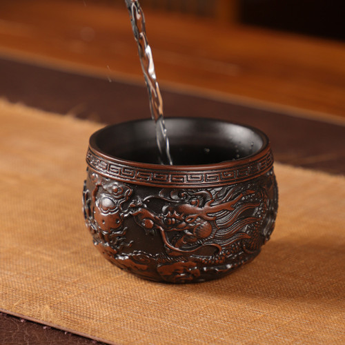 雲南建水紫陶茶杯主人杯全手工雕刻祥龍紫陶杯個人專用大號品茗杯