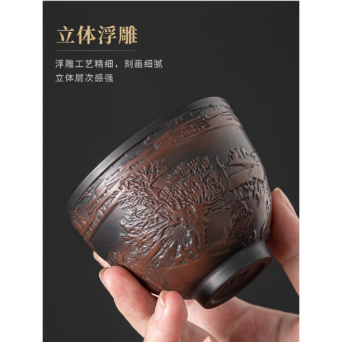 紫陶主人杯品茗茶杯陶瓷功夫家用FY茶壺茶盞紫砂茶具高級單杯家用