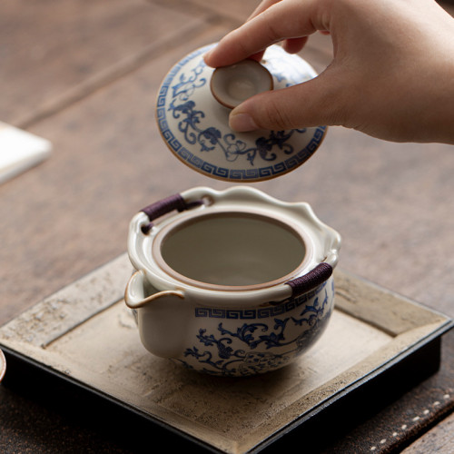 汝窰纏枝蓮手抓壺蓋碗茶杯單個高檔復古青花泡茶帶蓋陶瓷功夫茶具
