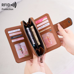 RFID防盜刷女士短錢包新款歐美復古三折拉鍊零錢包多功能可攜式錢包