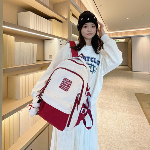 日系學生書包女工裝風韓版初中生大容量撞色雙肩包高中旅行後背包男
