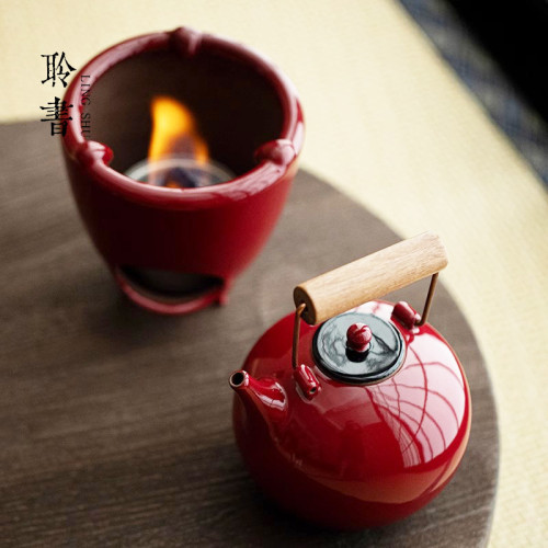 粗陶圍爐煮茶煮茶壺套裝復古大紅色家用室內陶瓷烤茶爐烘茶煮茶爐