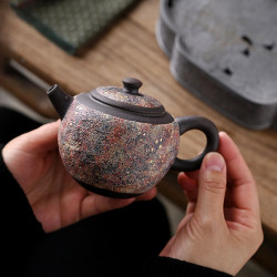 粗陶巖礦斑斕茶壺復古茶杯茶具純手工彩陶工藝西施壺柴燒泡茶單壺
