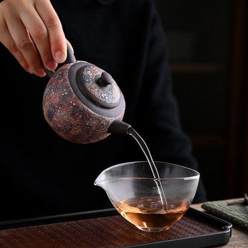粗陶巖礦斑斕茶壺復古茶杯茶具純手工彩陶工藝西施壺柴燒泡茶單壺