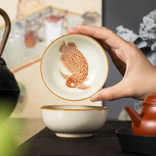 汝窰銀鱗禦龍普洱杯陶瓷茶杯主人杯家用單杯個人專用茶具品茗杯子