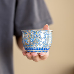 .纏枝蓮鎏銀主人杯水缸茶杯茶盞高F端單杯個人專用大容量高級品茗