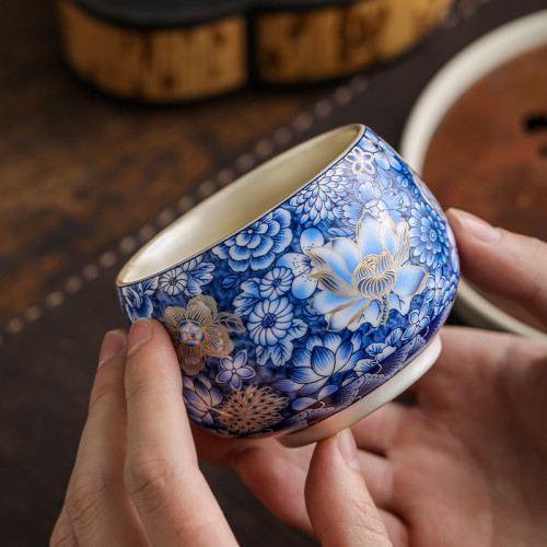 古汝鎏銀萬花茶杯個人專用高檔精緻男女主人杯單杯品茗杯功夫茶具
