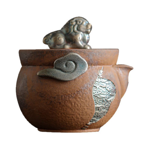 老巖泥鎏銀祥雲醒獅壺家用復古手抓壺泡茶專用純手工茶具